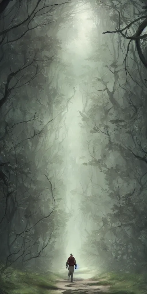 Image similar to a painting of a man walking down a path in a forest, a storybook illustration by charlie bowater, featured on deviantart, fantasy art, storybook illustration, detailed painting, enchanting