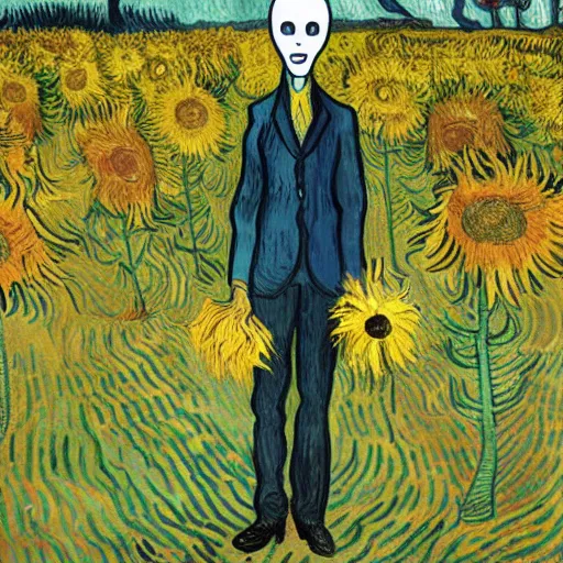 Image similar to slenderman standing in a field with colorful sunflowers by Vincent van Gogh