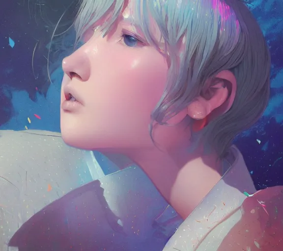 Prompt: harmony blue jacket, ( grey curtains fringe hairstyle cute yoongi, plump lips ) tiny rainbow triangles in his hair, by wlop, james jean, victo ngai, muted colors, highly detailed, fantasy art by craig mullins, thomas kinkade