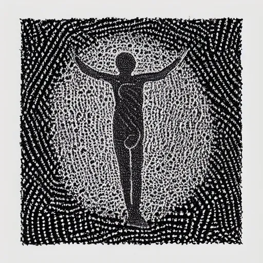 Image similar to “human figures are woven and entangled in harmonious patterns, rendered with stippled dots and tiny lines, monochromatic, black and white, excellent use of positive and negative space, hd”