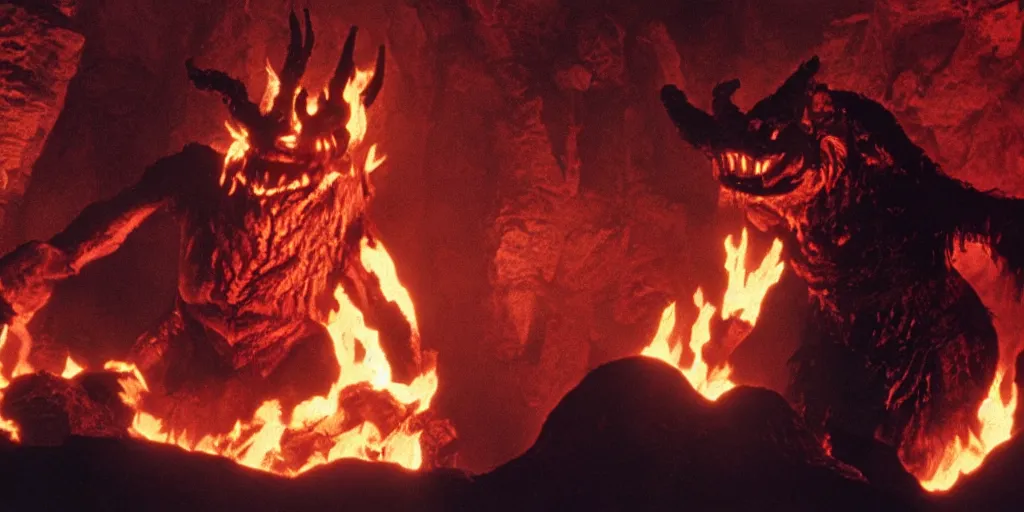 Image similar to A full color still from a Stanley Kubrick film featuring a Balrog made of flames in the fancy mines Moria, practical effects, 35mm, 1975