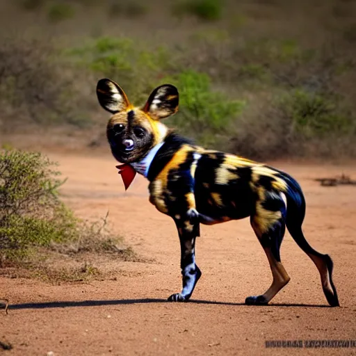 Image similar to A photo of the world's greatest showman: the african wild dog dressed in a hat!