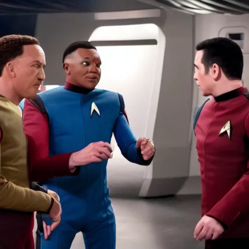 Image similar to isaac from the orville and data from star trek arm wrestling on the holodeck with the cast of both shows cheering on from the sidelines, 8 k, sharp focus, cinematic lighting, highly detailed, perfect anatomy,