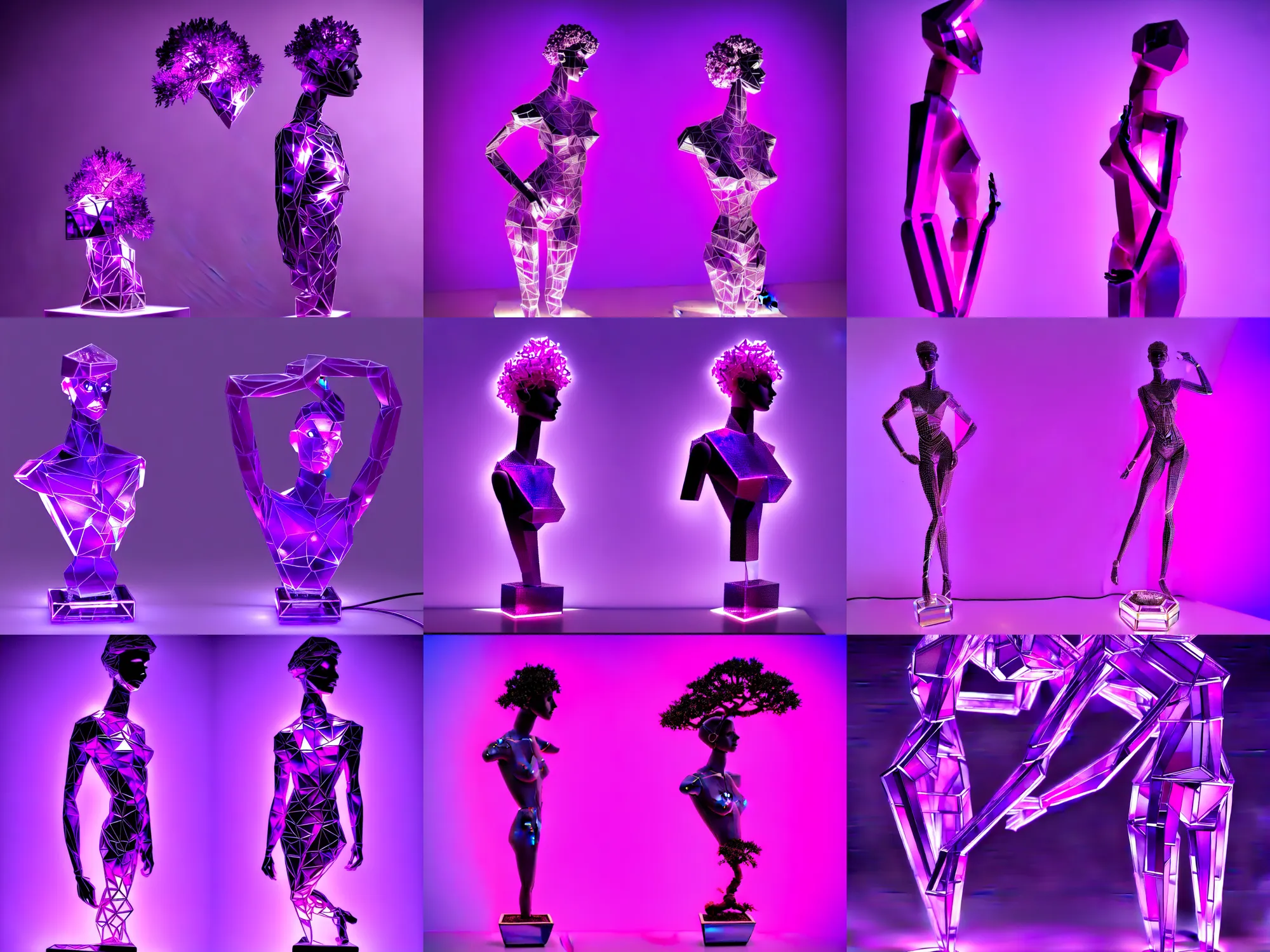 Image similar to beautiful mannequin sculpted out of amethyst by billelis + lit with purple 3 d geometric neon + chrome geometric cubed bonsai plants!!!!, doorway opening with neon pink geometric light, clean linework, dramatic, finely detailed, rule of thirds, moody, confident, award winning, 4 k, trending on artstation, photorealistic, volumetric lighting, octane render