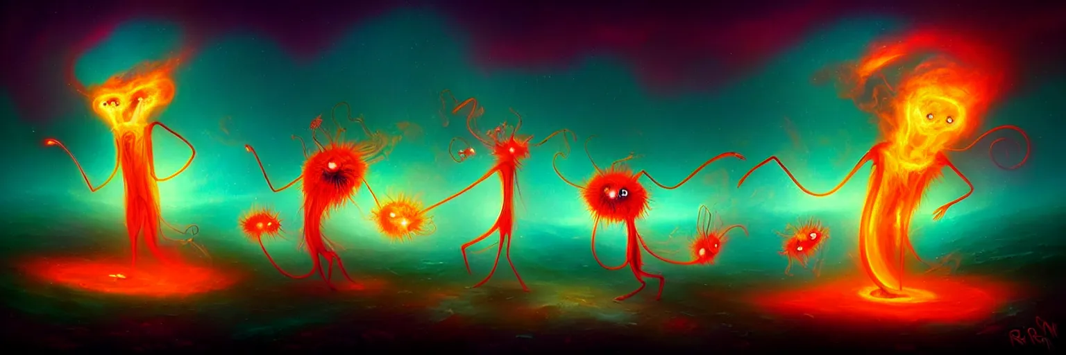 Image similar to whimsical surreal fiery plankton creatures, surreal dark uncanny painting by ronny khalil