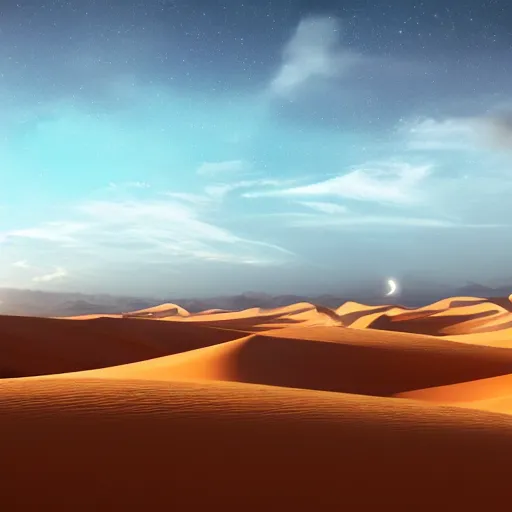 Image similar to a matte painting of desert dunes with blue light falling on them, trending on artstation