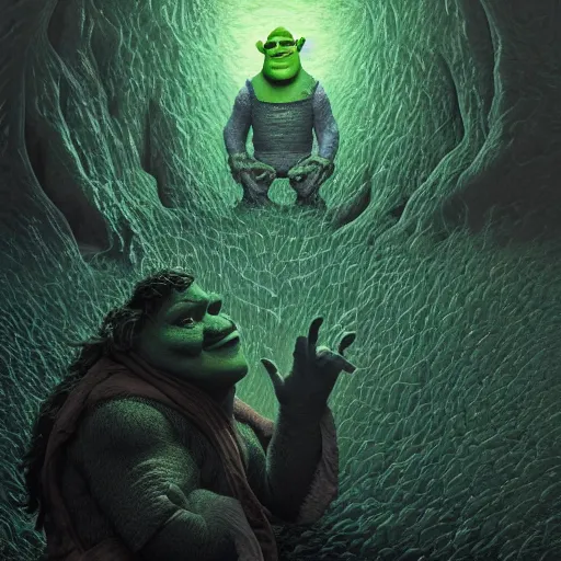 Image similar to photorealistic shrek in the style of michael whelan and gustave dore. hyperdetailed photorealism, 1 0 8 megapixels, fully clothed, lunar themed attire, amazing depth, glowing rich colors, powerful imagery, psychedelic overtones, 3 d finalrender, 3 d shading, cinematic lighting, face portrait, artstation concept art