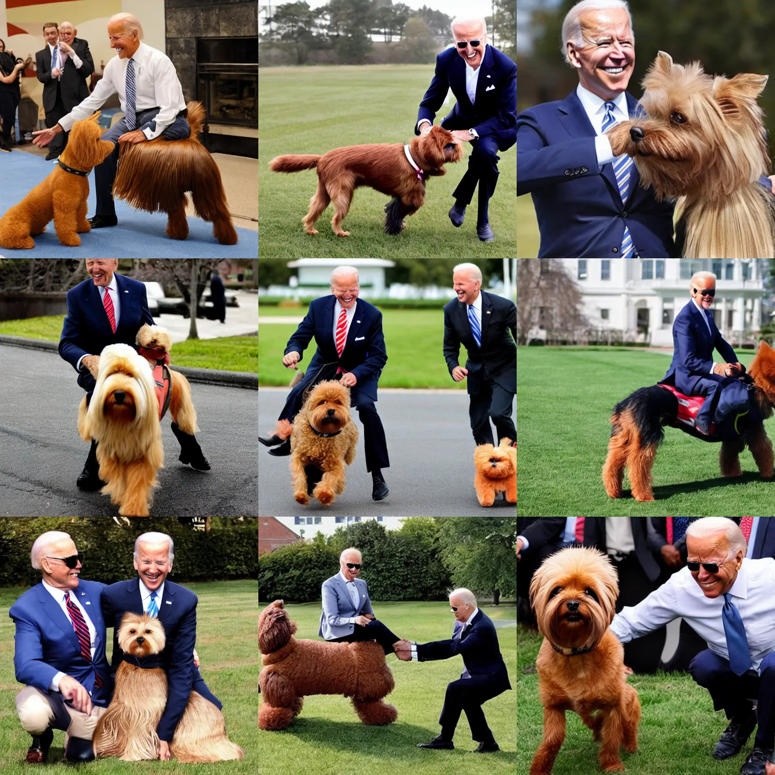 Prompt: Joe Biden riding a giant yorkie dog