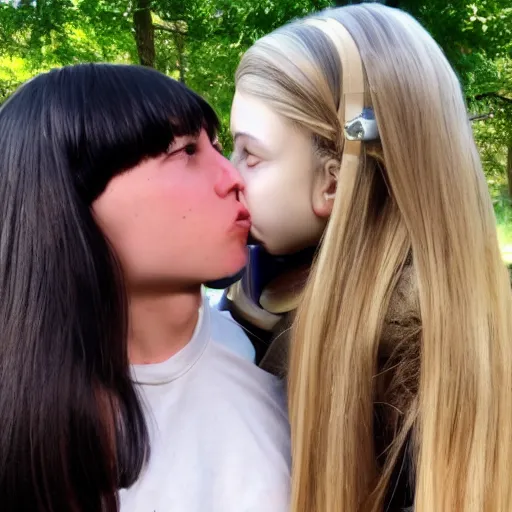 Image similar to photo of humanoid robot kissing a beautiful girl colour