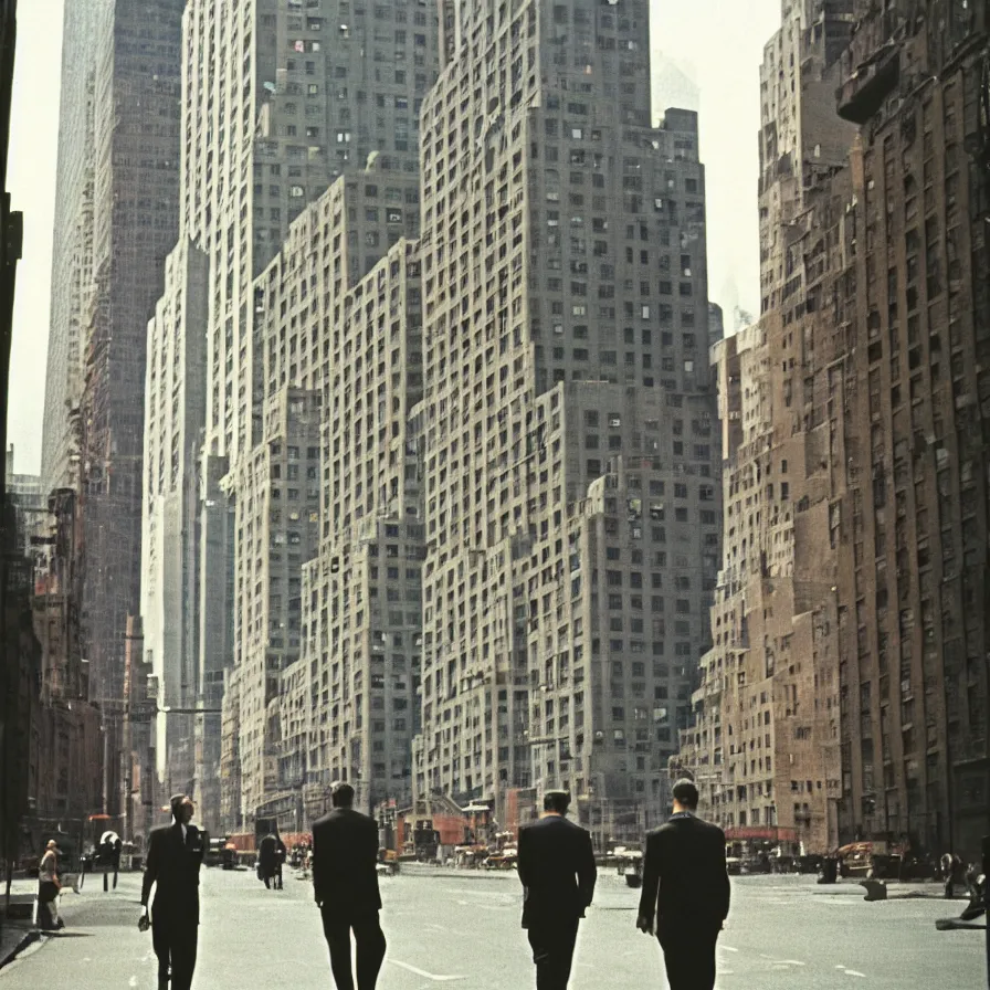 Image similar to a couple of men walking down a street next to tall buildings in new york, 1 9 6 0 s, colour film street photography, photo taken with ektachrome, featured on flickr, film grain
