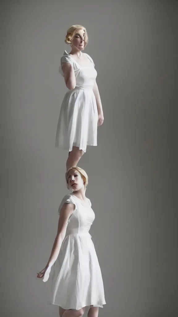 Prompt: studio photo of gorgeous emily skinner cosplaying annie leonhart wearing heels and wearing elegant white dress in a white room looking up, beautiful face, pale skin, rule of thirds, cinematic lighting, rainy weather, melancholy atmosphere, sharp focus, backlit, stunning, smooth, hard focus, full body shot, studio photo, shot on sony a 7 iii, hyper realistic,