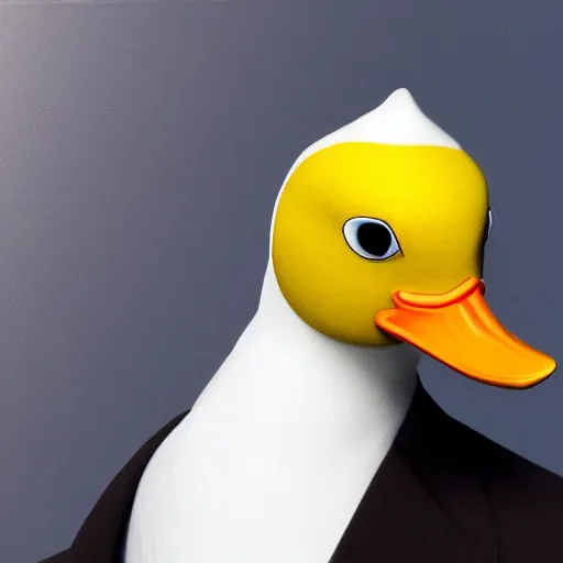 Image similar to a high detail photo of a man with a duck's head wearing a suit, photorealism