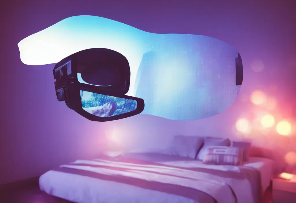 Prompt: 3 d dreams popping out of curved movie screen, volumetric lighting, bedroom, visor, sleeping, pair of keycards on table, bokeh, creterion collection, shot on 7 0 mm, instax