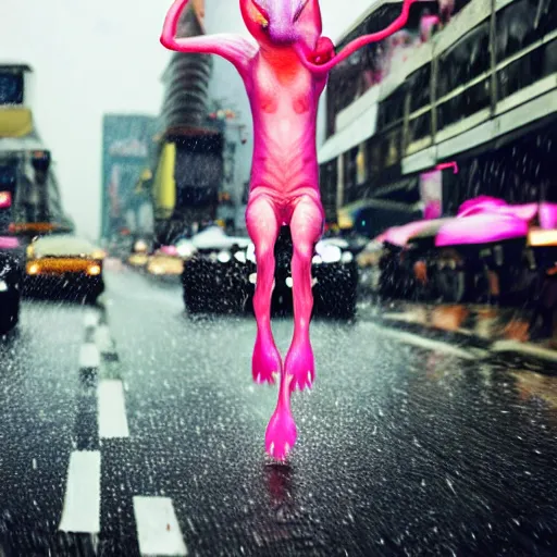 Image similar to hyper realistic, photo, humanoid pink female Squid girl, popping motorcycle wheelie on fast in the rainy city traffic