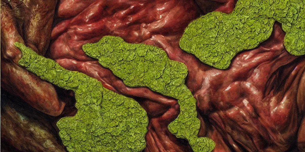 Prompt: medical detail of flesh skin painitng, muscles, meat, green lichens, 4k, oil on canvas, photorealistic, soft light, cinematic lighting, vibrant, macro details, contrasting, nightscape