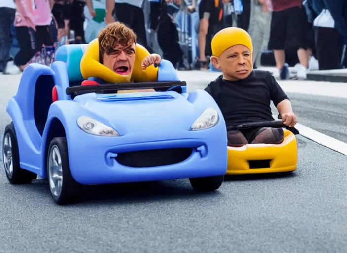 Image similar to peter dinklage drag racing vin diesel driving a little tikes cozy coupe, movie still, from the new tokyo drift movie, 8 k, realistic