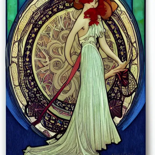 Image similar to modern woman in beautiful dress. mucha style. epic composition. highly detailed.