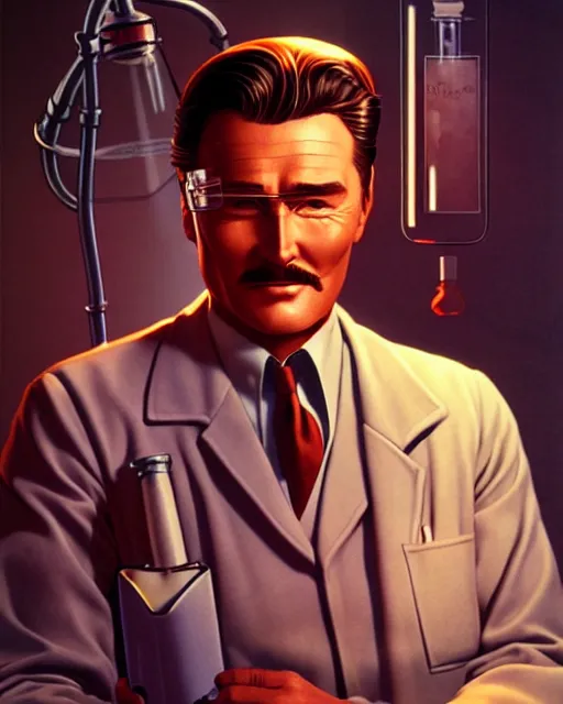 Prompt: Errol Flynn as a scientist. 1980s dystopian Soviet Russia, propaganda screens. Unreal engine, fantasy art by Ilya Kuvshinov. Faithfully depicted facial expression, perfect anatomy global illumination, radiant light, detailed and intricate environment