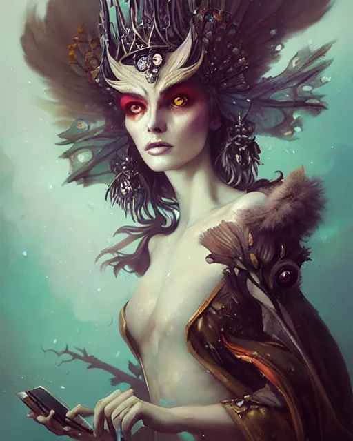 Image similar to a fantasy owl queen, beauty portrait by peter mohrbacher, tom bagshaw, greg rutkowski, wlop, ruan jia, opulent costume inspired by iris van herpen