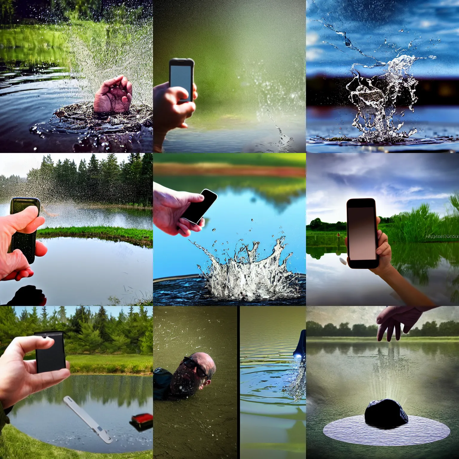 Prompt: cell phone being thrown into a pond by an angry man realistic photo