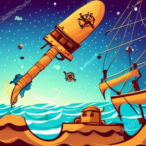 Image similar to pirate ship in space, style of hydro74, flat art, line