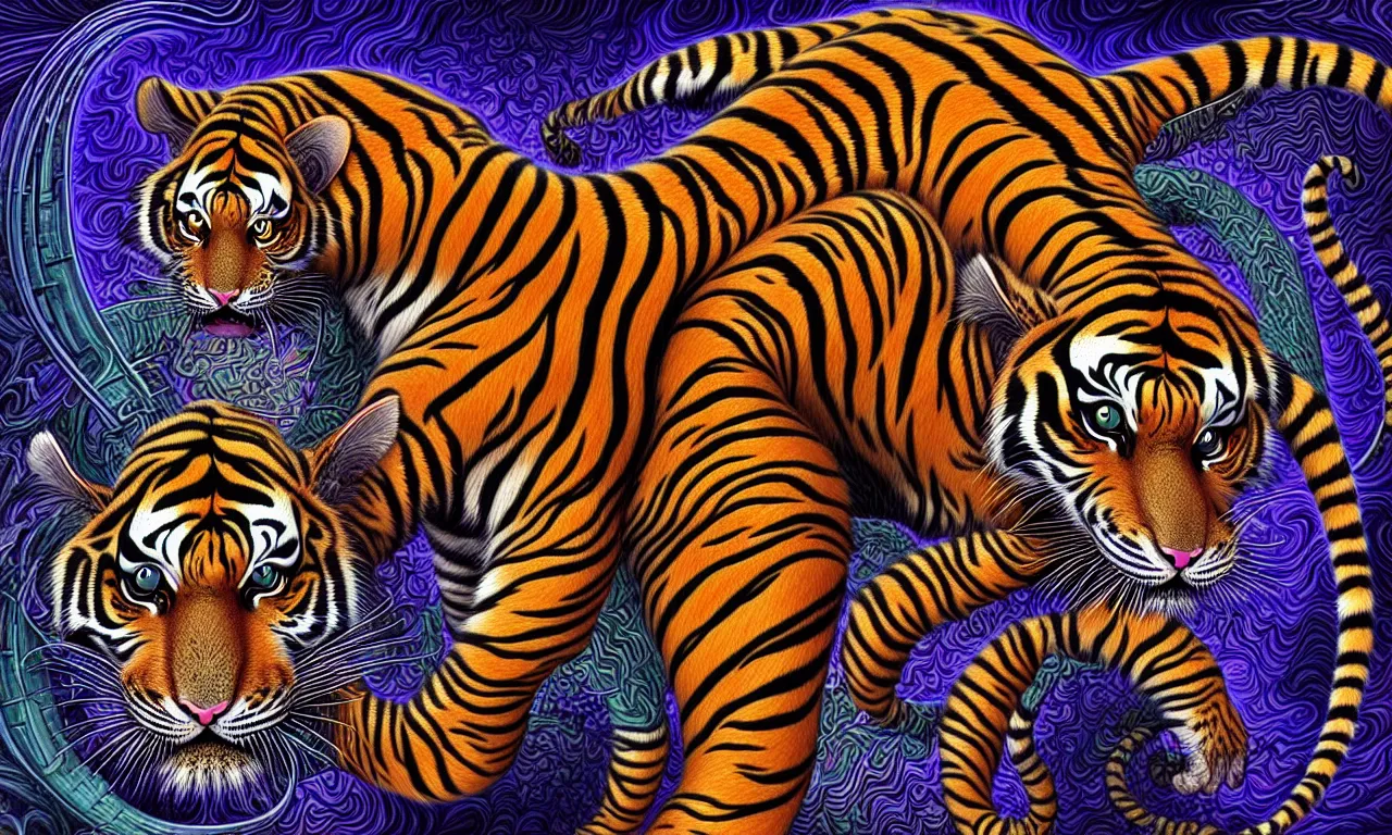 Image similar to a wonderful digital art of a magical tiger, elemental cat, sequential feline, interdimensional galactic fractal mathematics just for practice in the style of junji ito and escher, psytrance and giger, artstationhq, magic realism, 8 k, ornate, detailed