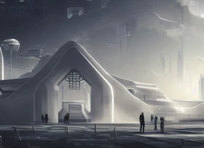 Image similar to cult of technology, exterior, scifi, temple, machines, robots, ultra realistic, transparent labs, metallic surface, highly detailed, white, futuristic landscape, city, utopian architecture, atmosphere, masterpiece, portals, epic lighting, glow, mysterious, 4 k, cinematic, art by patryk olkiewicz and chris ostrowski and liang yao