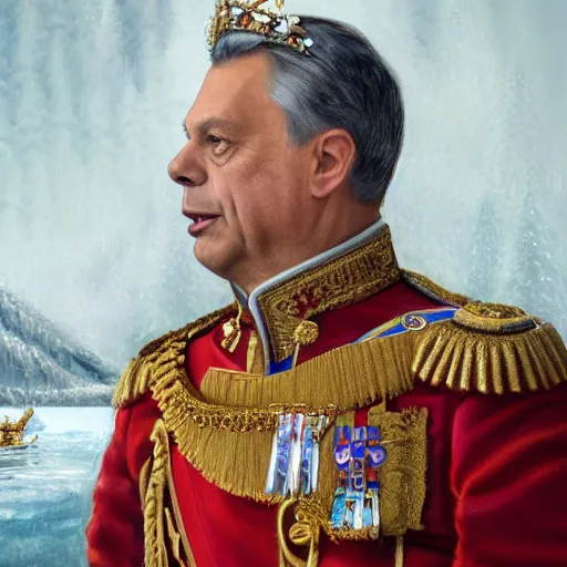 Image similar to an extremely realistic portrait depicting the coronation of hungarian prime minister viktor orban dressed in royal national costume, on the frozen danube, detailed, intricate, elegant, highly detailed, digital painting, artstation, concept art, smooth, sharp focus, illustration,