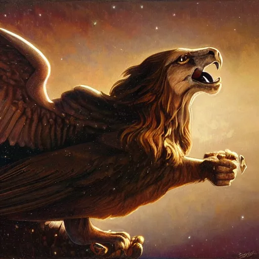 Image similar to a realistic oil painting of a winged lion's body with an eagle head, at night with a sky full of stars, highly detailed, trending on artstation, by james gurney and michael whelan and krenz cushart and alphonse mucha