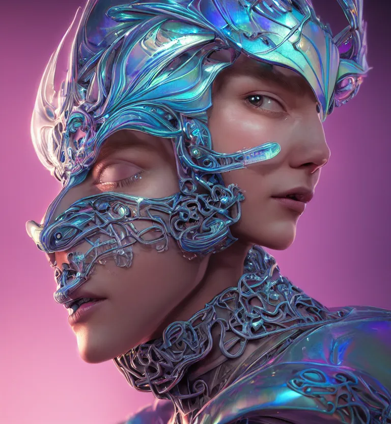 Prompt: iridescent close-up portrait of a beautiful princess in robe. biomechanical mask. bio luminescent biomechanical halo around head. artwork by jarold Sng by artgerm, by Eddie Mendoza, by Peter mohrbacher by tooth wu, unreal engine, octane render, cinematic light, high details, iridescent colors, dichroic, macro, 4l