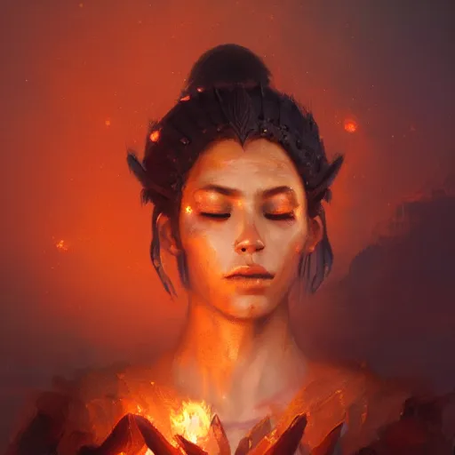 Image similar to a beautiful portrait of a fire goddess with closed eyes by greg rutkowski and raymond swanland, trending on artstation, flaming background, ultra realistic digital art