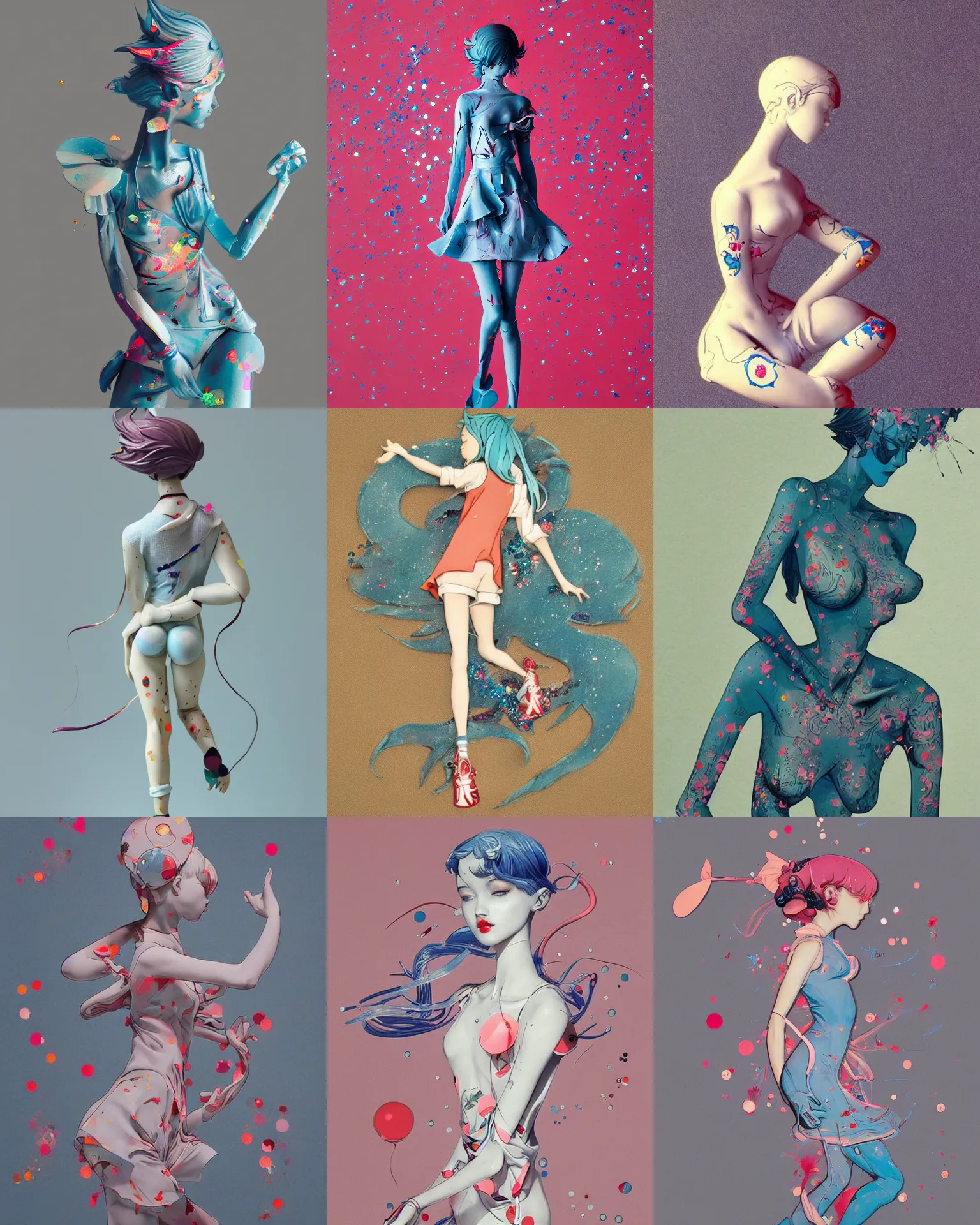 Prompt: james jean isolated vinyl figure cheerful tomboy, figure photography, dynamic pose, interesting color palette aesthetic effects, glitter accents on figure, anime stylized, accurate fictional proportions, high delicate defined details, ethereal lighting