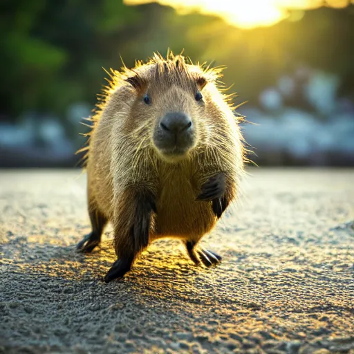 Image similar to a closeup photorealistic photograph of a cute smiling knitted capybara chasing a beachball at sunset. professional capture. this 4 k hd image is trending on artstation, featured on behance, well - rendered, extra crisp, features intricate detail, epic composition and the style of unreal engine.