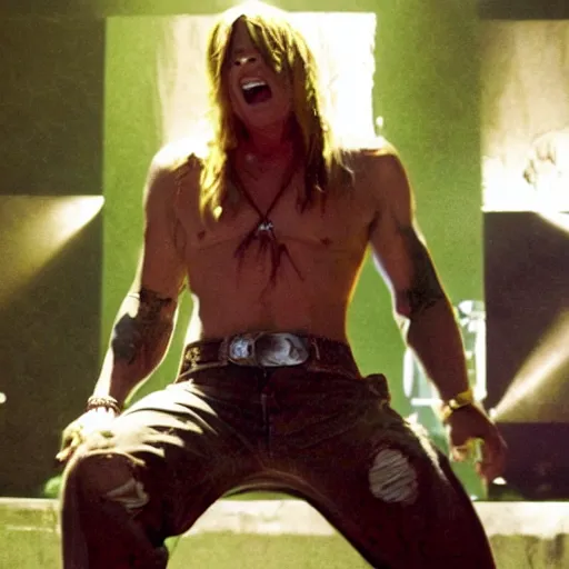 Prompt: cinematic still of axl rose as the incredible hulk