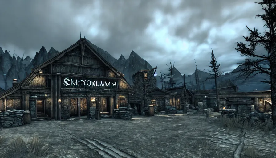 Image similar to skyrim screenshot of a modern tesco building in the middle of the whiterun cloud district, shopping aesthetic, bokeh, high quality, promotional photograph, enb, godrays, ultra render, anti aliasing, post processing