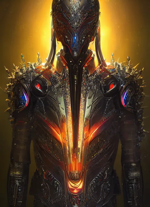 Prompt: the omnipotent assassin, vivid award winning digital artwork, intricate black sharp hooded cybernetic athletic body armor, beautiful iridescent colors, technology cloak, ornate gothic baroque spikes, glowing face, detailed realistic, ray tracing, colored gems, character art by wlop and greg rutkowski and artgerm