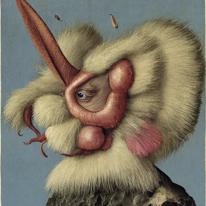 Image similar to close up portrait of a mutant monster creature with white fluffy moth pouf, exotic lily ears, delicate blue sea shell conch corns, snout. by jan van eyck, walton ford