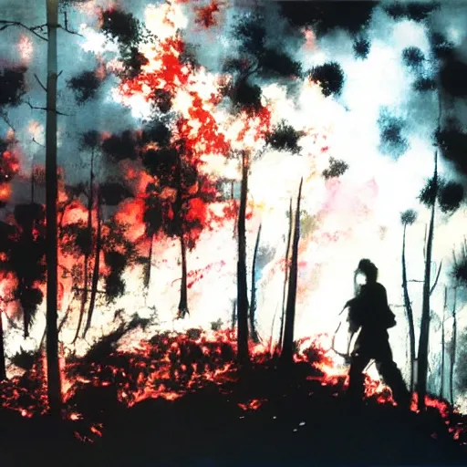 Image similar to a forest on fire, yoji shinkawa