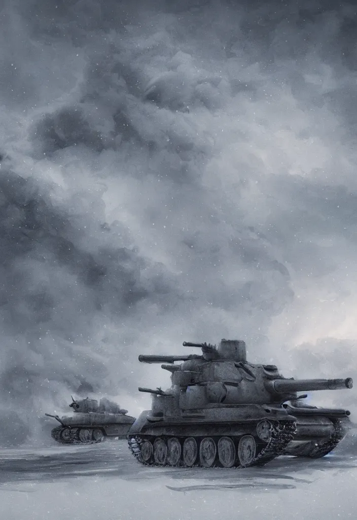 Prompt: handmade illustration of an epic and dramatic World War II war winter scene with german and soviet tanks involved, heavy snow storm, some mist grey smoke and fire, blue sky with dramatic clouds, line art, ink, ol on canvas by Kilian Eng and by Jake Parker, heavy brushstrokes, winning-award masterpiece, fantastic, octane render, 8K HD Resolution, High quality image