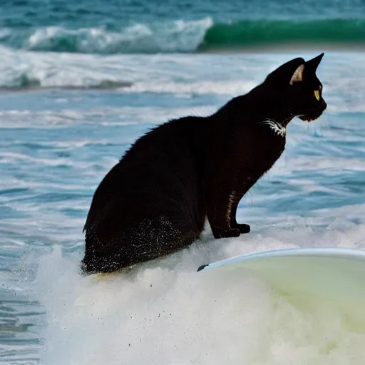 Prompt: cat nonchalantly surfs a gnarly wave,