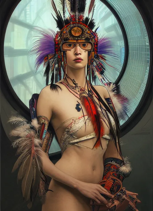 Image similar to seen through a window!! portrait of a cyberpunk machine, machine face, upper half portrait, decorated with feathers, native american, fine china, traditional chinese art, intricate, elegant, highly detailed, headpiece, digital painting, artstation, concept art, smooth, sharp focus, illustration, art by artgerm and greg rutkowski and alphonse mucha, 8 k