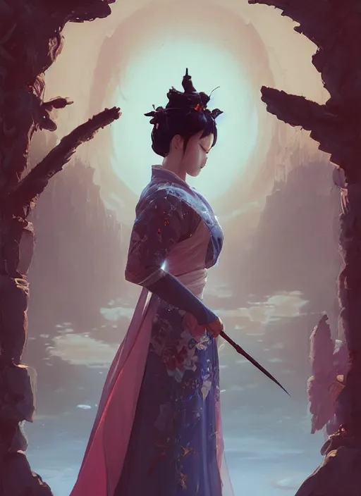 Image similar to detailed queen wearing hanfu, art by greg rutkowski, loish, rhads, ferdinand knab, makoto shinkai and lois van baarle, ilya kuvshinov, rossdraws, tom bagshaw, global illumination, radiant light, detailed and intricate environment