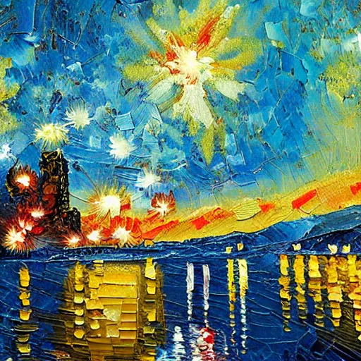 Image similar to oil paint impasto relief, austrian blue mountain with fireworks, multi layered thick brush marks, some splattered paint, in the style of van gogh and redon