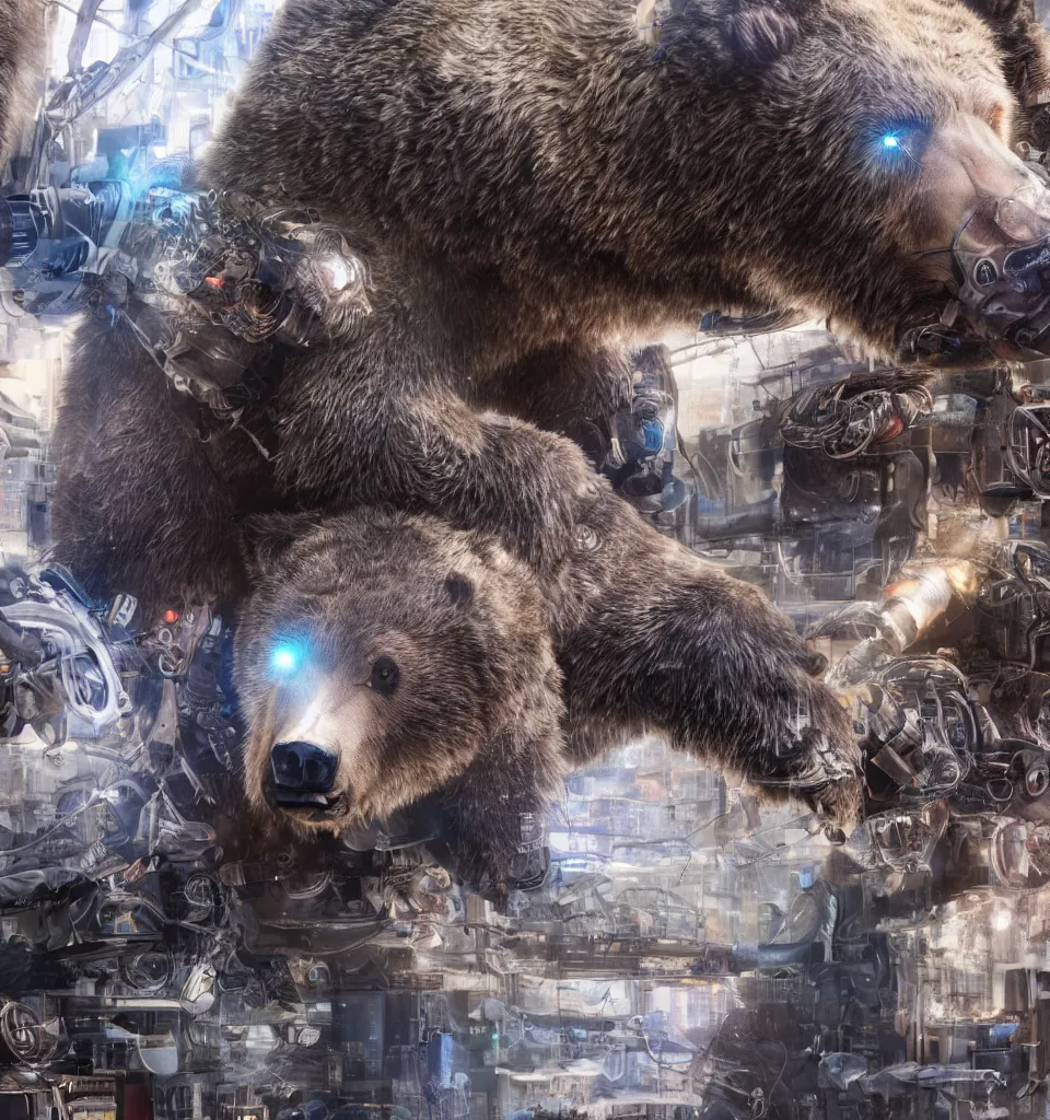 Image similar to a cyborg grizzly bear dj mixing records on stage, photorealistic, highly detailed, illustration, lifelike, highly detailed, intricate, octane render, sharp focus, cyberpunk