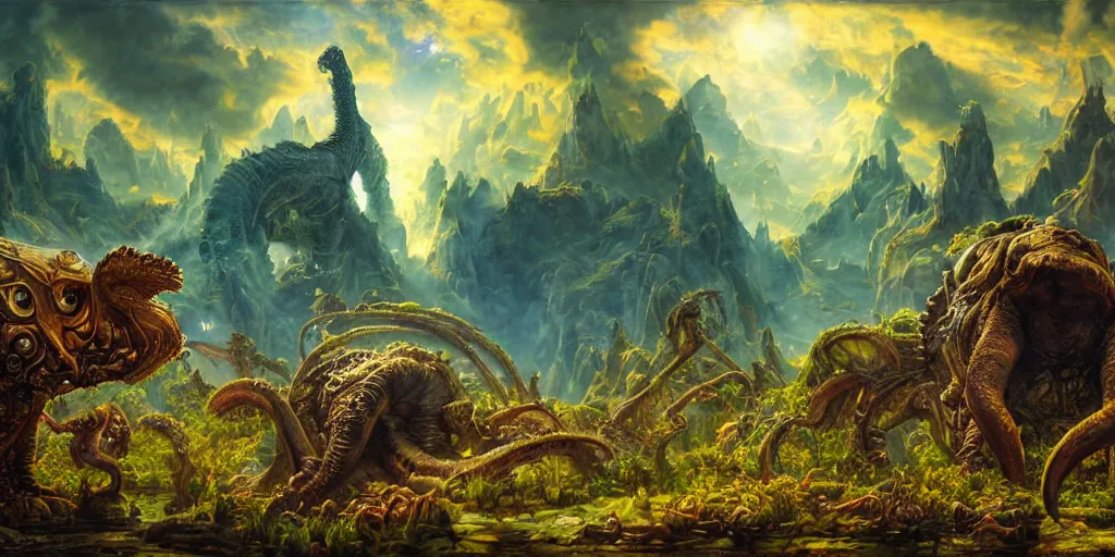 Image similar to fantasy oil painting, great leviathan, cybernetic turtle cephalopod terrapin reptilian pachyderm squid, hybrid, anubis, epic, natural light, lush plants flowers, spectacular mountains, bright clouds, ufo, luminous sky, outer worlds, golden daple lite, craig mullins, michael cheval