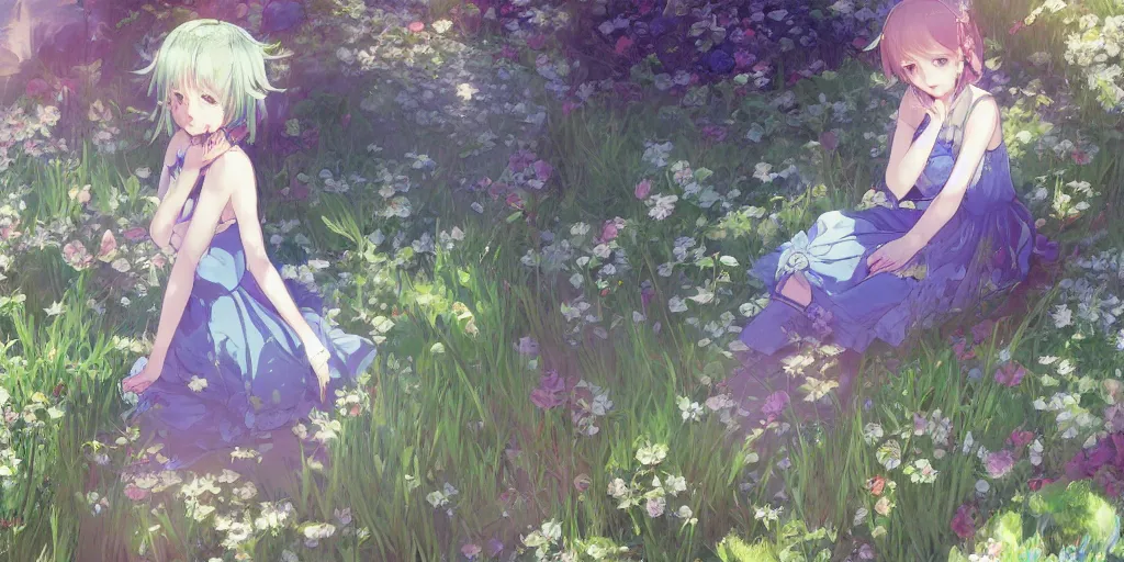 Image similar to a depressed digital art, loli in dress, garden, green and warm theme, blue accents, back lighting, highly detailed, 4 k resolution, trending on art station, by krenz cushart and mucha and akihito yoshida and greg rutkowski and makoto shinkai