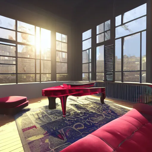 Image similar to A screenshot of a Virtual Reality music studio, living room vibe, Paris loft style, red velvet furniture, light rays coming out of the windows, raytracing, highly detailed, futuristic, unreal engine 5, photoscanned, photorealistic,