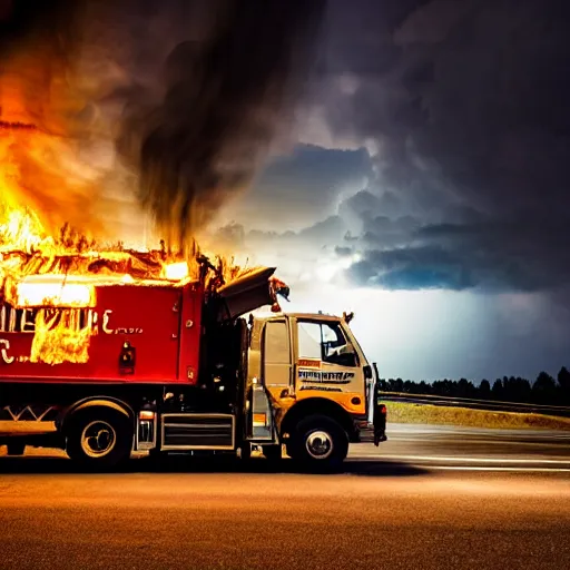 Prompt: a burning garbage truck, cinematic lightning, photograph