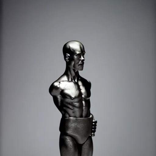 Prompt: An aluminum casted statuette of Ed Harris, studio lighting, F 1.4 Kodak Portra