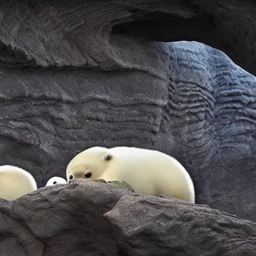 Image similar to a cave painting of three baby harp seals playing, National Geographic photo